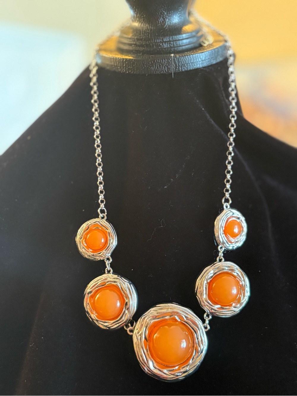Statement Orange Cabochon Necklace - Silver Tone